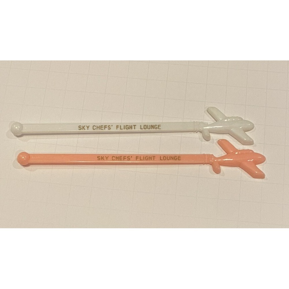 Vtg Sky Chefs Flight Lounge Lot Of 2 Swizzle Sticks Stirrers Pink White Airplane